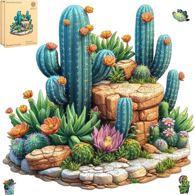 delobil Succulent Cactus Wooden Puzzles for Adults, 500 Pieces Jigsaw Puzzles, Unique Shaped Medium Size Liberty Wood Puzzle Gift for Adults and Kids, Family Game 16.7'' x 16.2''