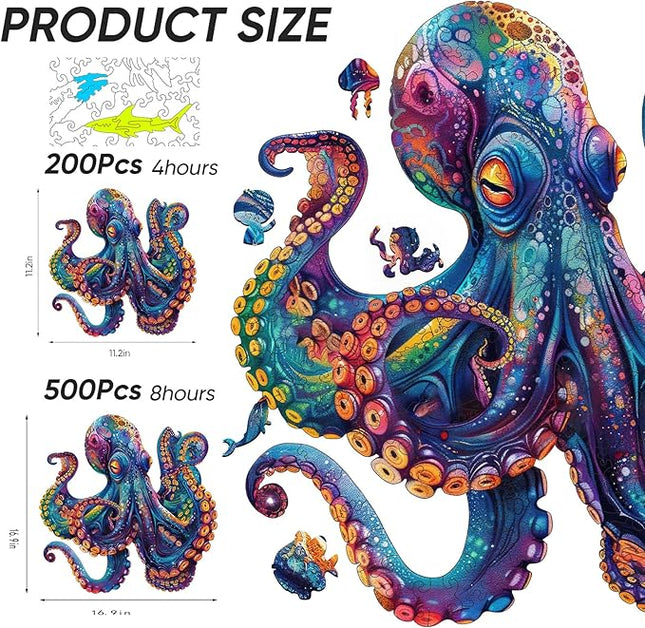 Wooden Puzzles for Adults, Octopus Ocean Jigsaw Puzzles 200 Pieces Unique Animal Adult Puzzles, Irregular Wood Puzzles Creative Gift for Adults and Kids Family Game (11.2x11.2 in)