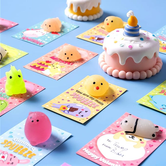 JOYIN 28 Packs Valentines Day Gifts for Kids, Kawaii Mochi Squishy Toy with Valentines Day Cards for Kids School Classroom, Stress Relief Toy for Boy Girl Valentine Party Favor, Class Exchange Prizes