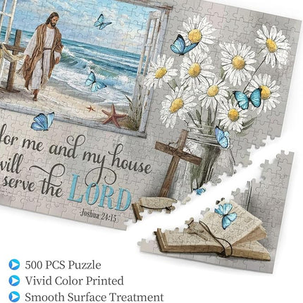 Christian Wooden Jigsaw Puzzle 500 Pieces for Adults - Scripture Art of Jesus Walking on Beach with Joshua 24:15 Bible Verse, Religious Gift for Stress Relief & Faith-Based Home Decor