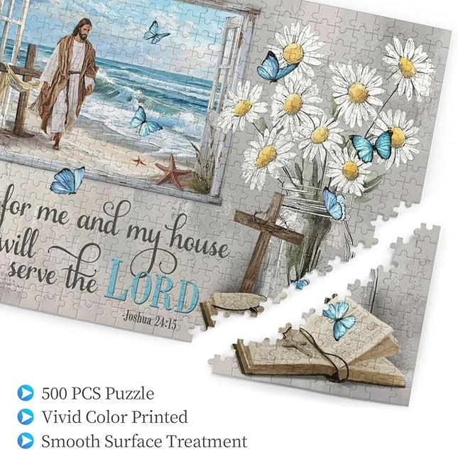 Christian Wooden Jigsaw Puzzle 500 Pieces for Adults - Scripture Art of Jesus Walking on Beach with Joshua 24:15 Bible Verse, Religious Gift for Stress Relief & Faith-Based Home Decor