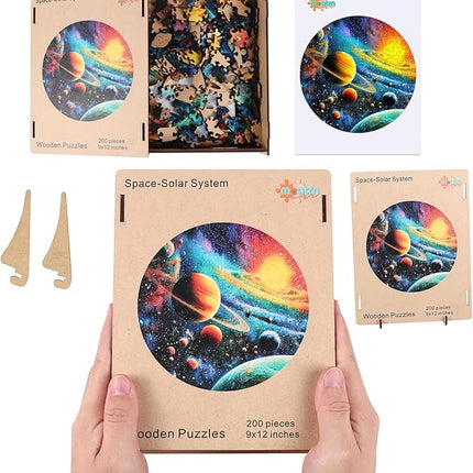 Wooden Puzzle Solar System 200 Pieces - Colorful Space Puzzle for Adults and Students, Educational Astronaut Theme, Perfect Birthday or Graduation Gift，11.2x11.3 in