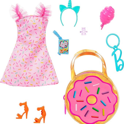 Barbie Clothes and Accessories, Deluxe Keychain Donut Bag with Pink Sprinkle Dress and Candy Themed Accessories for Barbie Dolls