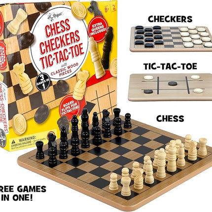 Regal Games - Reversible Wooden Board for Chess, Checkers & Tic-Tac-Toe - 24 Interlocking Wooden Checkers and 32 Standard Chess Pieces - for Age 8 to Adult for Family Fun