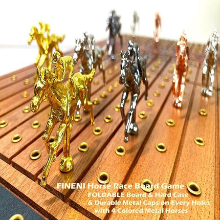 Horse Racing Game for Adults, Foldable Horse Race Board Game with 11 Luxurious Metal Horses (Gold, Silver, Black, RoseGold), 22” Sapele Wood Horse Race Game Board, Dice & RoseGold Card (Sapele)