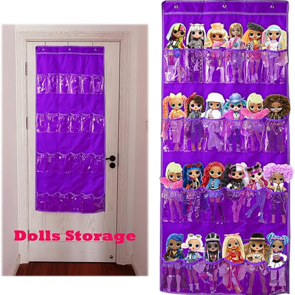 Hanging Over Door Toy Storage Organizer with 24 Clear View Pockets, Ideal for Lol Omg Dolls Barbie Dolls Surprise Doll, Cars and More Collectibles‘s Storage, Best Gift for Girls (Purple)