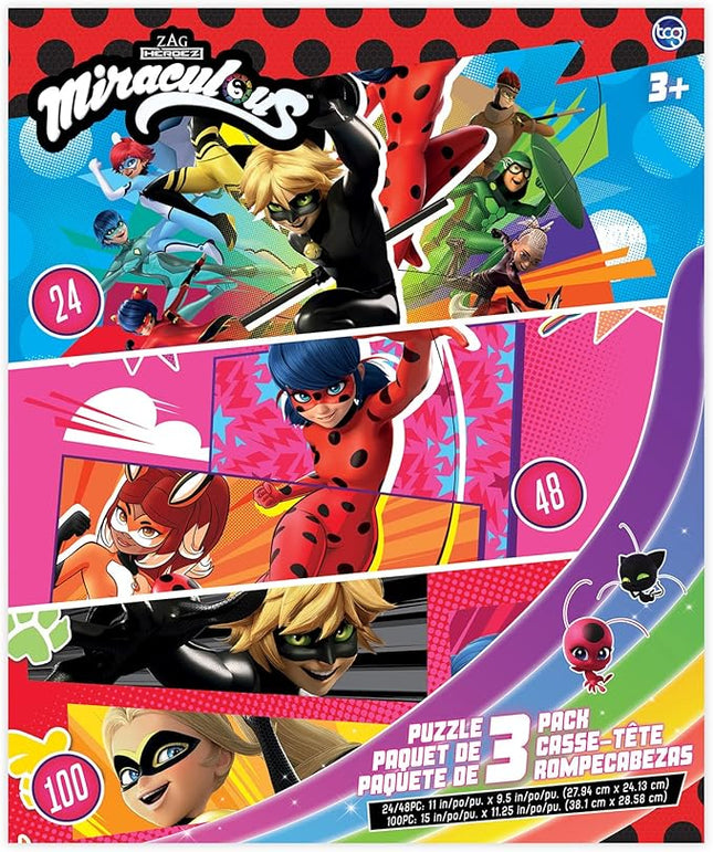 Miraculous Ladybug - 3 in 1 Jigsaw Puzzles for Kids. Featuring Lady & Cat Noir. Great Birthday & Educational Gifts for Boys and Girls. Colorful Pieces Fit Together Perfectly.