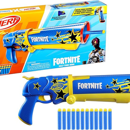 Nerf Fortnite Half Tone Hero Blaster, Bonus Code to Unlock Half Tone Hero Wrap in The Game, Break Open Loading, 12 Nerf Elite Darts, Fortnite Gifts (Amazon Exclusive)