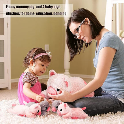 IKASA Mommy Pig Stuffed Animal Mom and Baby Plush Toy,Cute 16" Soft Small Fluffy Mama Family Set Toys with Little Mini Babies,Gifts for Kid