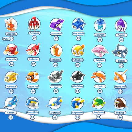 24 Packs Party Favors for Kids, 637 PCS 24in1 Marine Animals Small Fish Toys Mini Building Blocks Set for Goodie Bag Stuffers Classroom Prizes, Easter Birthday Gift for Boys Girls Ages 6-12