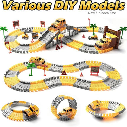 264 PCS Construction Race Tracks for Kids Toys, Glow in The Dark Magic Toy Set, 2 Light Up Cars Track, 3 Construction Cars, Flexible DIY Track Set, Birthday Gift for Age 3-9 Boys Toddler Girls