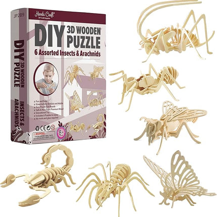 Hands Craft DIY 3D Wooden Puzzle – 6 Assorted Insects & Arachnids Bundle Pack Brain Teaser Puzzles Educational STEM Toy Adults and Kids to Build Safe and Non-Toxic Easy Punch Out Premium Wood JP2B9