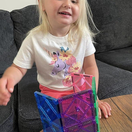 CreateOn Crayola Magnetic Tiles, Building Set for Kids, Magnetic Toys for Kids, Travel Toys, Classroom Sensory Toy Blocks, STEM & Montessori Tools for Boys & Girls Ages 3+, 14-Piece Set (Glitter)