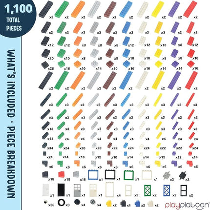 Play Platoon 1100 Pieces Building Bricks Set - 10 Classic Color Blocks - Bulk Building Blocks Compatible with Major Brands - 14 Different Shape Bricks - Includes Wheels, Tires, Axles, Windows & Door