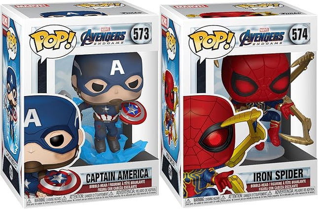 Funko Pop! Marvel Avengers Endgame 2-Pack Bundle – Captain America with Broken Shield & Mjolnir and Iron Spider with Nano Gauntlet