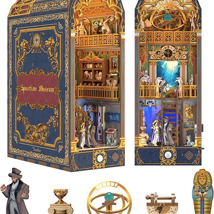 Tonecheer DIY Book Nook Kit for Adults, 3D Wooden Puzzle Bookend Miniature House Kit, Booknook Bookshelf Insert Decor with Dust Cover and LED Lights Gifts (Spacetime Museum)