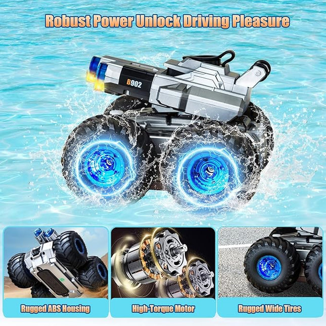 Remote Control Car, Amphibious Monster Truck Toys, RC Boat with Water Gun, Gesture Sensing RC Stunt Car for 120 Mins Play, Remote Control Boat for Pool Boys Girls 6 7 8 9 10 11 12+Year Birthday Gift