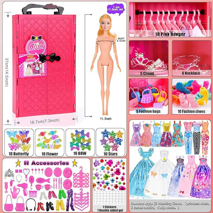 140 Pack 11.5 inch Doll and Closet Set - Fashion DIY Wardrobe Clothes and Accessories Including Doll, Wardrobe, Wedding Dress,Shoes, Necklace, Bags and More