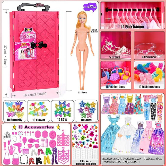 140 Pack 11.5 inch Doll and Closet Set - Fashion DIY Wardrobe Clothes and Accessories Including Doll, Wardrobe, Wedding Dress,Shoes, Necklace, Bags and More