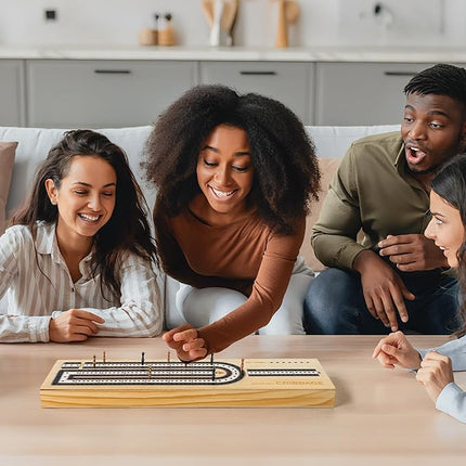 Cribbage Board Game Set, 3-Track Premium Wooden Cribbage Board with Magnetic Lock & Large Storage, 9 Metal Pegs, 2 Decks of Playing Cards - Classic Board Games for Adults Family (Instruction Include)