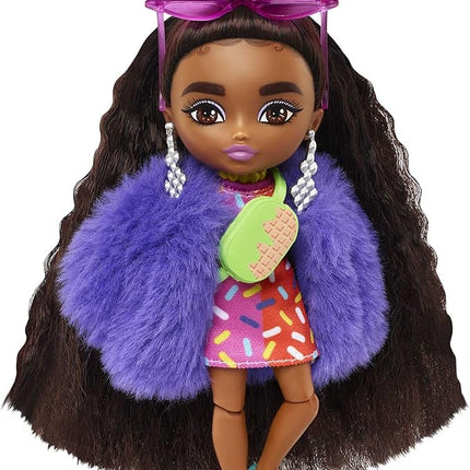 Barbie Extra Minis Doll #1 (5.5 in) Wearing Sprinkle-Printed Dress & Furry Coat with Doll Stand & Accessories Including Micro Sunglasses and Waist Bag, Gift for Kids 3 Years Old & Up