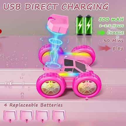 RC Stunt Car, Rmote Control Car for Gilrs, Double-Sided RC Crawler with 4 USB-C Batteries, 360° Rotating Drift Car, 2.4GHz Truck Toy for Kids 4-8+ Years