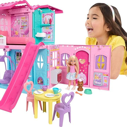 Barbie Chelsea Toy Dollhouse with 15+ Accessories, Pop-Up House Expands to 17+ x 13+ inches with 5 Play Areas & Slide, Includes Small Doll & Pet Dog