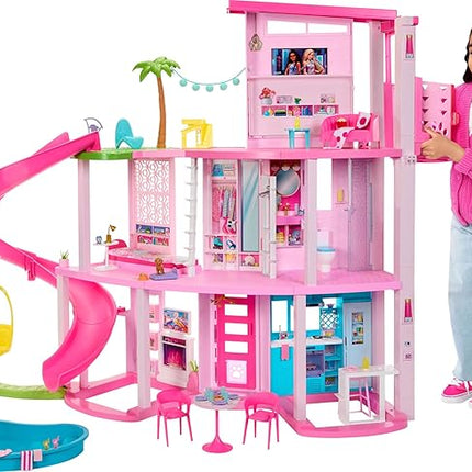 Barbie Dreamhouse, Pool Party Doll House with 75+ Pieces and 3-Story Slide, House Playset, Pet Elevator and Puppy Play Areas