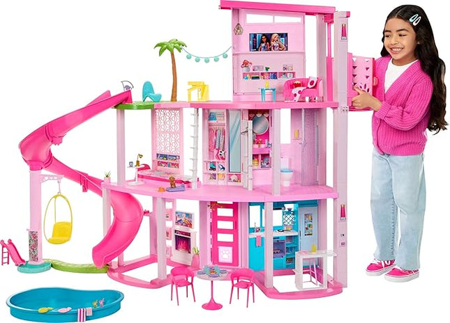 Barbie Dreamhouse, Pool Party Doll House with 75+ Pieces and 3-Story Slide, House Playset, Pet Elevator and Puppy Play Areas