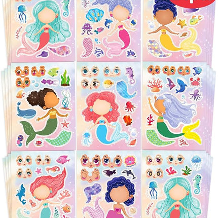 24 Pcs Make Your Own Mermaid Sticker Sheets for Kids with Mermaid Face Stickers for Toddlers Girls Crafts Activities Gift Bag Stuffers Birthday Party Valentines Day Gifts for Kids Classroom
