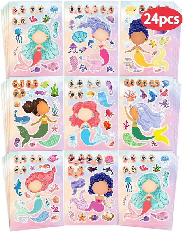 24 Pcs Make Your Own Mermaid Sticker Sheets for Kids with Mermaid Face Stickers for Toddlers Girls Crafts Activities Gift Bag Stuffers Birthday Party Valentines Day Gifts for Kids Classroom
