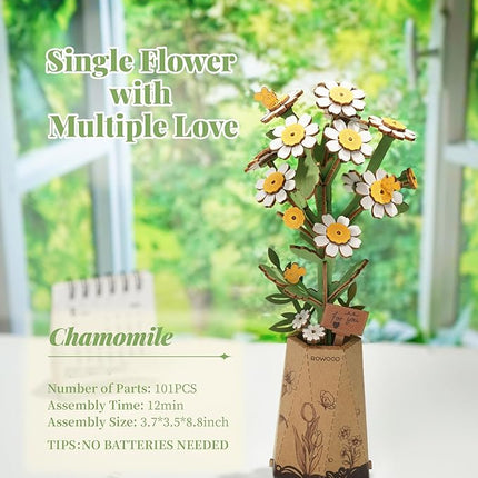 rowood 3D Puzzle Wooden Flower,DIY Flower Building Block Set Craft Kit,Mother's Day/Valentine's Day/Teacher's Day/Thanksgiving/Christmas/Birthday Gift for Mom/Grandma-Chamomile
