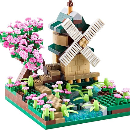 Architecture River Windmill Building Model Kit Micro Block Set Mini Blocks 600+ PCS with 2 Figure