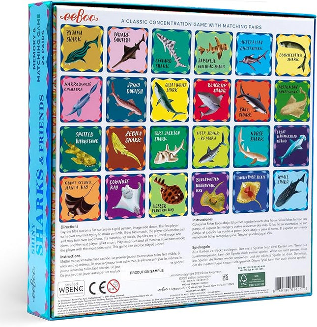 eeBoo: Memory & Matching Game- Shiny Sharks & Friends - 24 Matching Pairs, Educational Preschool Game, Kids Ages 3+, 1-4 Players