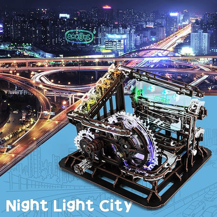 3D Wooden Puzzle Marble Run with LED Lights, Wooden Model Building Kits for Adults, Wood Mechanical Puzzle Building Set, Office Desk Decor Gift for Men Adults (312 PCS)