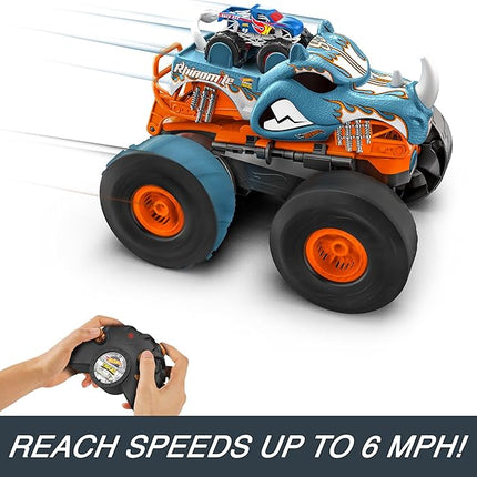 Hot Wheels Monster Trucks RC Toy, Remote-Control Transforming Rhinomite in 1:12 Scale & 1:64 Scale Race Ace, Converts into Launcher, Connects to Track