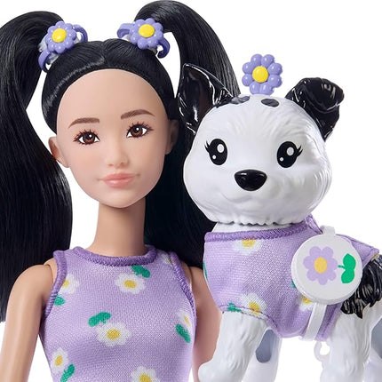 Barbie Twinning Looks Doll with Pet Dog in Matching Purple Daisy Clothes and Accessories for Both Like Flowers and Belt Bags, Black Hair