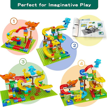 Dinosaur Marble Run Building Blocks STEM Toys for Kids Ages 3-8 | 127 Pcs Construction Set with 3 Dinos & Ball Run Track, 4 in 1 Modular Design Learning Toys for Boys Girls, Christmas Birthday Gift