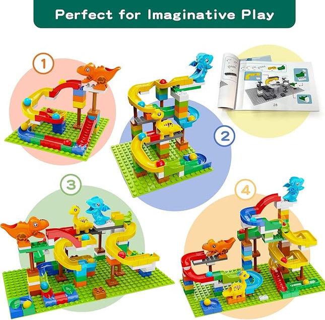 Dinosaur Marble Run Building Blocks STEM Toys for Kids Ages 3-8 | 127 Pcs Construction Set with 3 Dinos & Ball Run Track, 4 in 1 Modular Design Learning Toys for Boys Girls, Christmas Birthday Gift