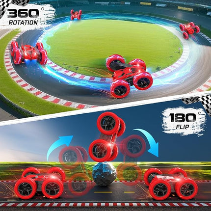 Remote Control Car for Boys - Car Toy for Kids Age 6 7 8 9, 4WD 2.4Ghz Double Sided 360° Rotating RC Cars with Headlights, Christmas Birthday for Boys and Girls - Red