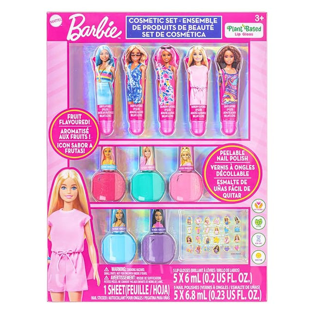 Barbie Cosmetic Makeup Set for Girls with Super Sparkly Lip Gloss Nail Polish and Nail Stickers 11 Pieces, Perfect for Parties Sleepovers Makeovers, Birthday Holiday Gift, Ages 3+, By Townley Girl