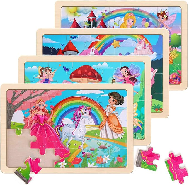 Wooden Educational Jigsaw Puzzles for Preschool Kids Ages 3-5, 4-Pack with 20 Pieces Unicorn Princess Wood Puzzles Set, Toddler Brain Teaser Toys, Preschool Gifts for Boys Girls Ages 3 4 5 6