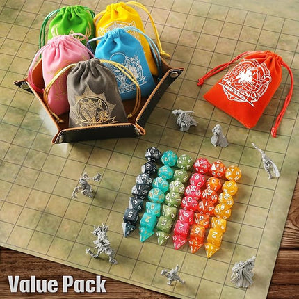 Grajar D&D Dice Set with Characters Pattern Dice Pouches, 42 Pcs polyhedral dice Set, PU Leather and Velvet dice Tray for Dungeons and Dragons D&D RPG MTG Table Games Nebula