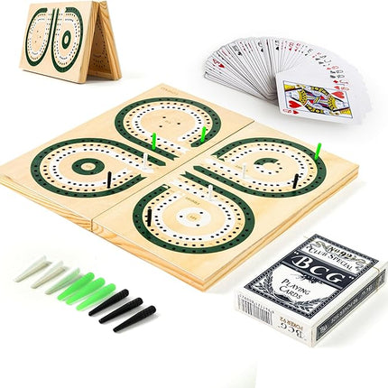 Foldable Cribbage Board Game Set, Solid Wooden Unique 3-Track Cribbage Board with Card Storage & Magnetic Closure, 9 Multi-Colored Pegs, Playing Cards, Family Travel Board Game for Gatherings & Gifts