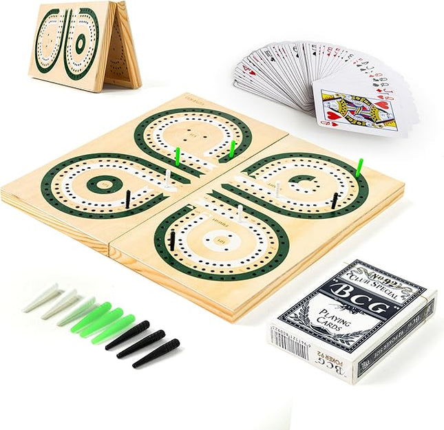 Foldable Cribbage Board Game Set, Solid Wooden Unique 3-Track Cribbage Board with Card Storage & Magnetic Closure, 9 Multi-Colored Pegs, Playing Cards, Family Travel Board Game for Gatherings & Gifts