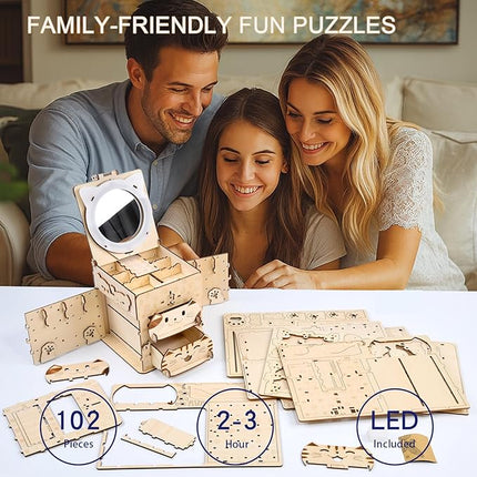 3D Wooden Puzzle Cat Treasure Box, Wood Creative Assembly Model Building Kits to Build for Adults and Teens, DIY Cat Jewelry Box with Mirror Hobbies Projects Gift for Women