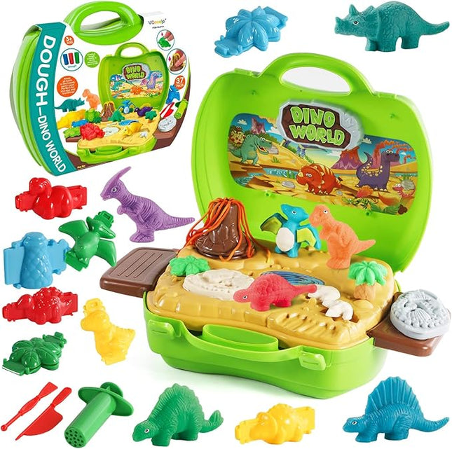 Dinosaur Color Dough Sets Toys, 37 Pieces Dino Theme Color Dough Tools Accessories with Volcano and Fossils for Boys and Girls