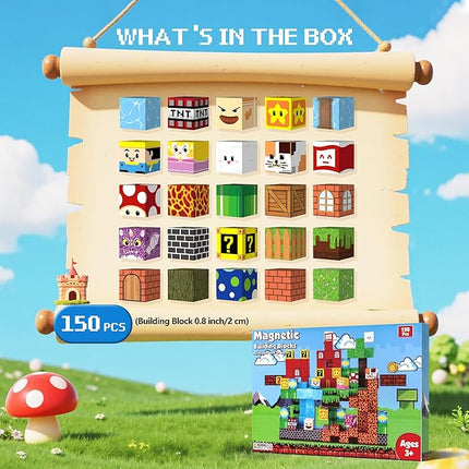Magnetic Blocks - 150 PCS Magnets Game-Based Building Block for Ages 3,4,5,6,7,8,9,10,11 Kids Birthday Toy Sets Present, Stacking Cubes Construction Gift for Toddlers Boys & Girls, 0.8in