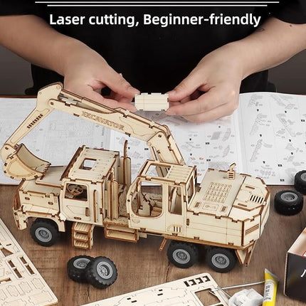 3D Wooden Puzzle for Adults, Excavator Wooden Mechanical Model Car Kits to Build, Brain Teaser Pull Back Truck Toys Birthday for Men Women (Excavator)