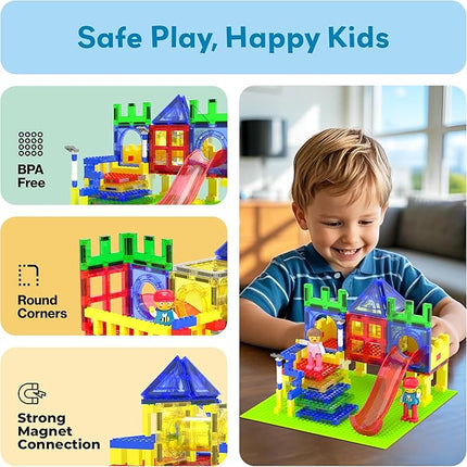 PicassoTiles Magnetic Tiles Slide & Swing Playground Building Block with 2 Character Action Figures Magnet Tile Construction Bricks Sensory Toys STEM Learning Educational Toy Kit Boy Girl Age 3+ PTQ30